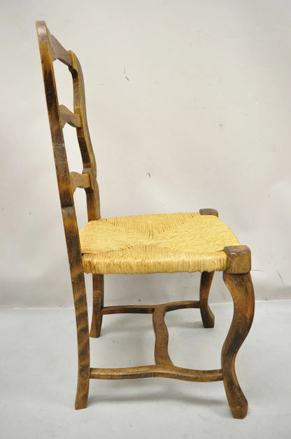 Vintage French Country Distressed Wood Ladder Back Rush Seat Side Chair