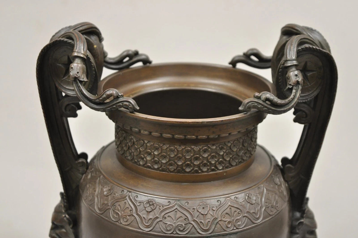 19th C Alfred Daubree French Neoclassical Bronze Figural Urn Vase with Lions