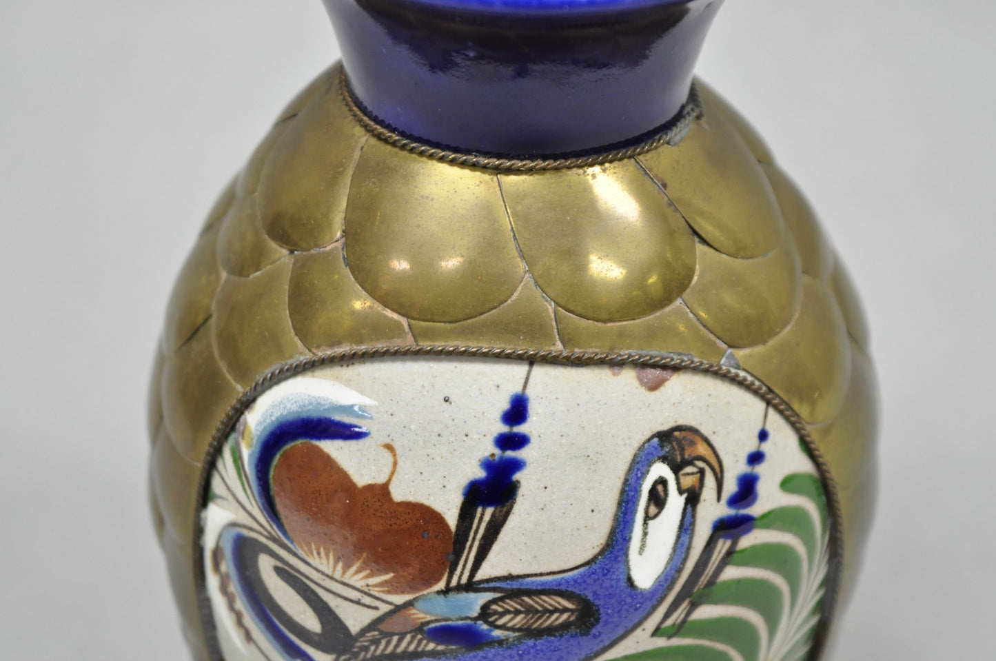 Mateos Mexico Tonala Pottery Mid Century Modern Brass Peacock Feather 7" Vase