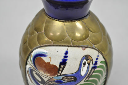 Mateos Mexico Tonala Pottery Mid Century Modern Brass Peacock Feather 7" Vase