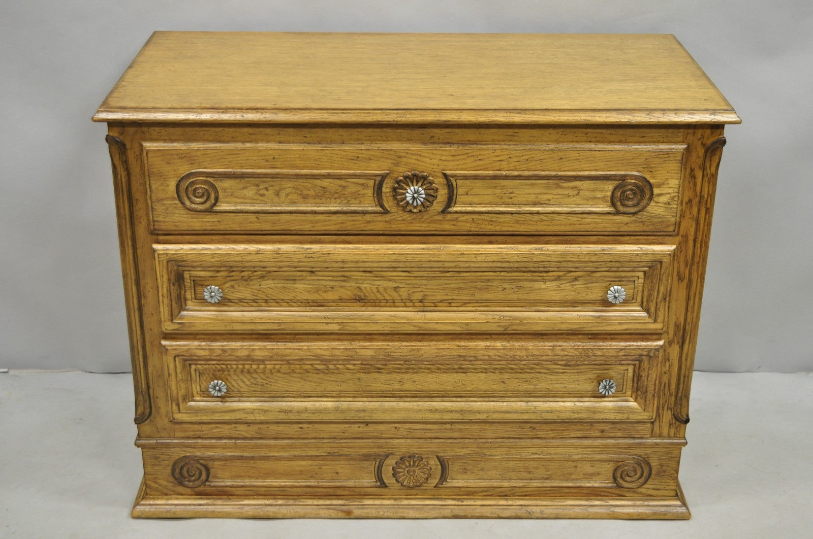 Vintage French Country Provincial Oak Wood 3 Drawer Bachelor Chest Commode Pair
