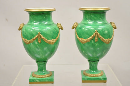 Chelsea House Italian Regency Ram Green Malachite Painted Porcelain Urn - a Pair