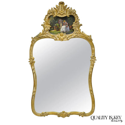 Antique Gold Giltwood French Victorian Wall Mirror with Painted Courting Scene