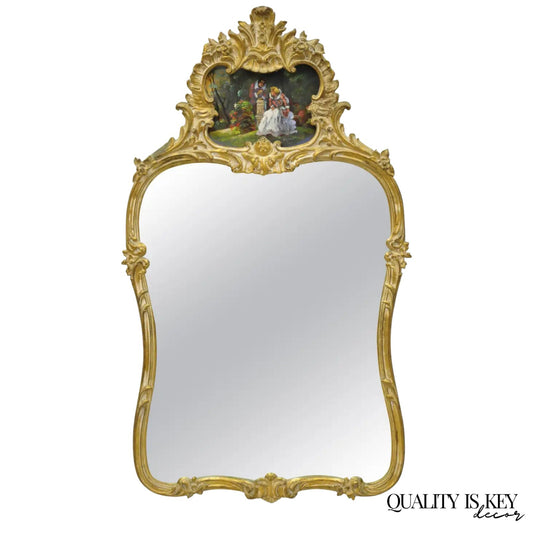 Antique Gold Giltwood French Victorian Wall Mirror with Painted Courting Scene