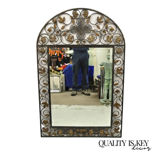 LaBarge Italian Mediterranean Wrought Iron Flower Leaf Scroll Arched Wall Mirror