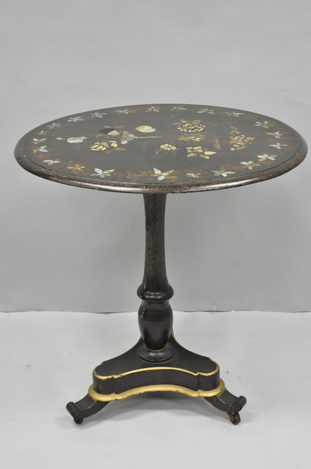 Antique English Victorian Mother of Pearl Inlay Black Lacquer Tilt Top Table