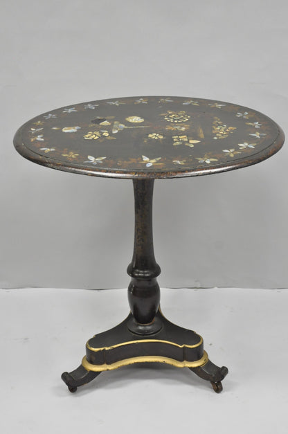 Antique English Victorian Mother of Pearl Inlay Black Lacquer Tilt Top Table