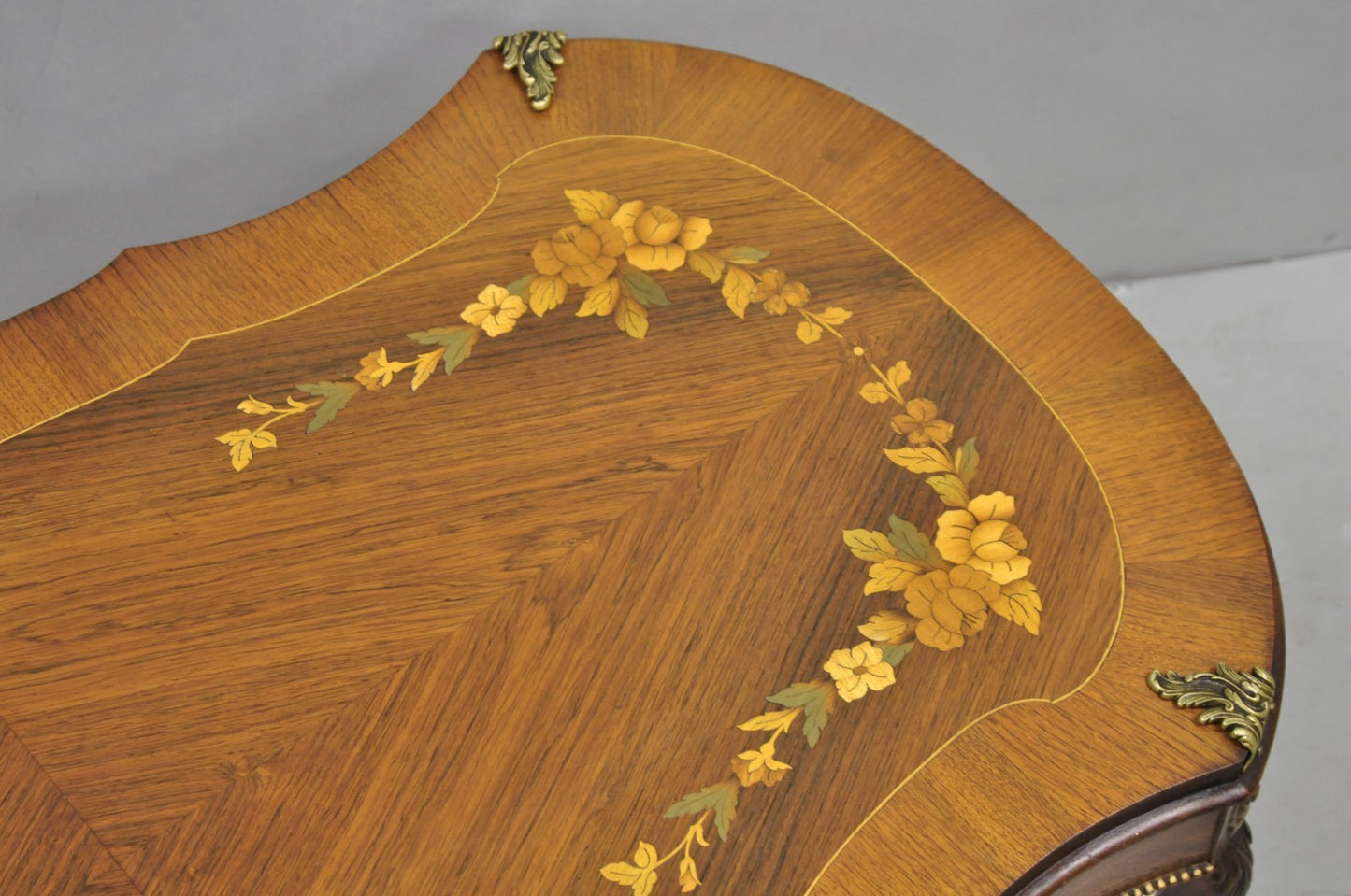 Antique French Louis XV Style Floral Inlay Walnut Coffee Table with Drawer