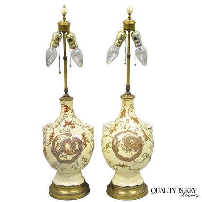 Antique Japanese Ceramic Beige Figural Dragon Vase Form Table Lamps - a Pair