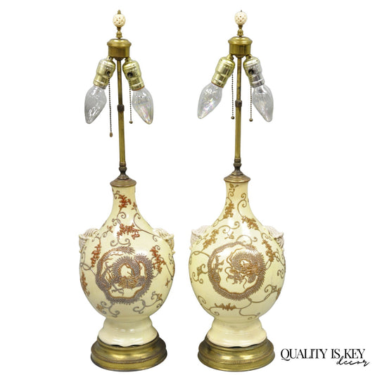 Antique Japanese Ceramic Beige Figural Dragon Vase Form Table Lamps - a Pair