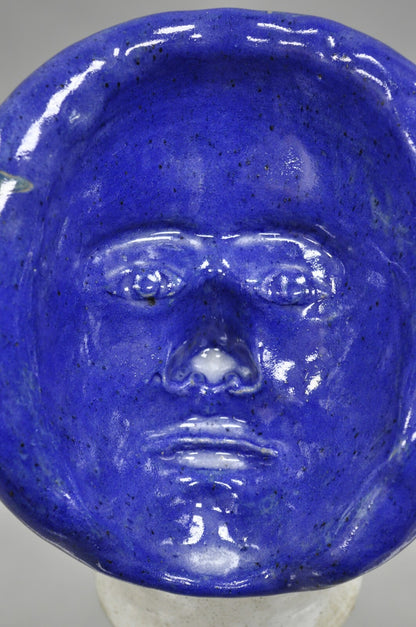 Vintage Mid Century Modern Blue Glaze Ceramic Pottery World Globe Face Sculpture