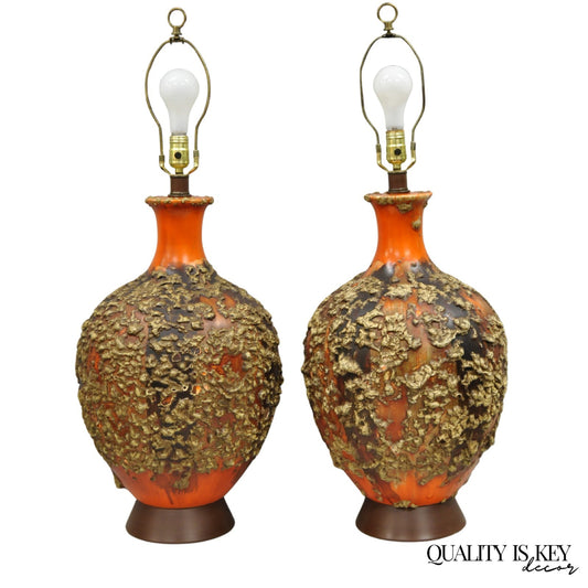 Vintage Mid Century Modern Orange Drip Lava Glaze Large Pottery Table Lamp Pair