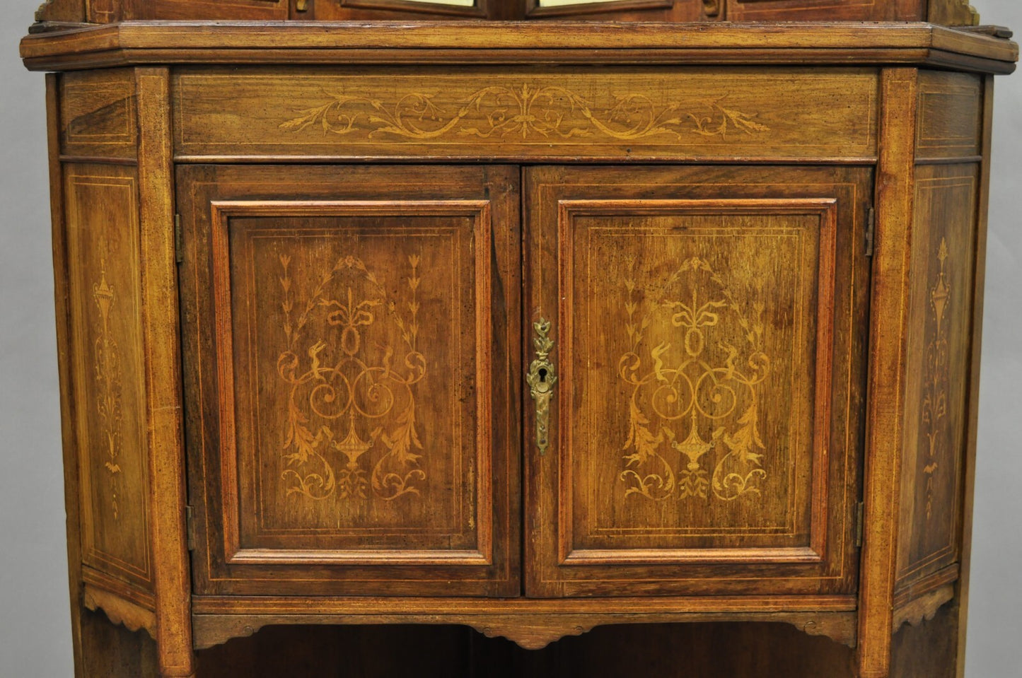 Antique French Victorian Inlaid Mahogany Corner China Cabinet Display Curio