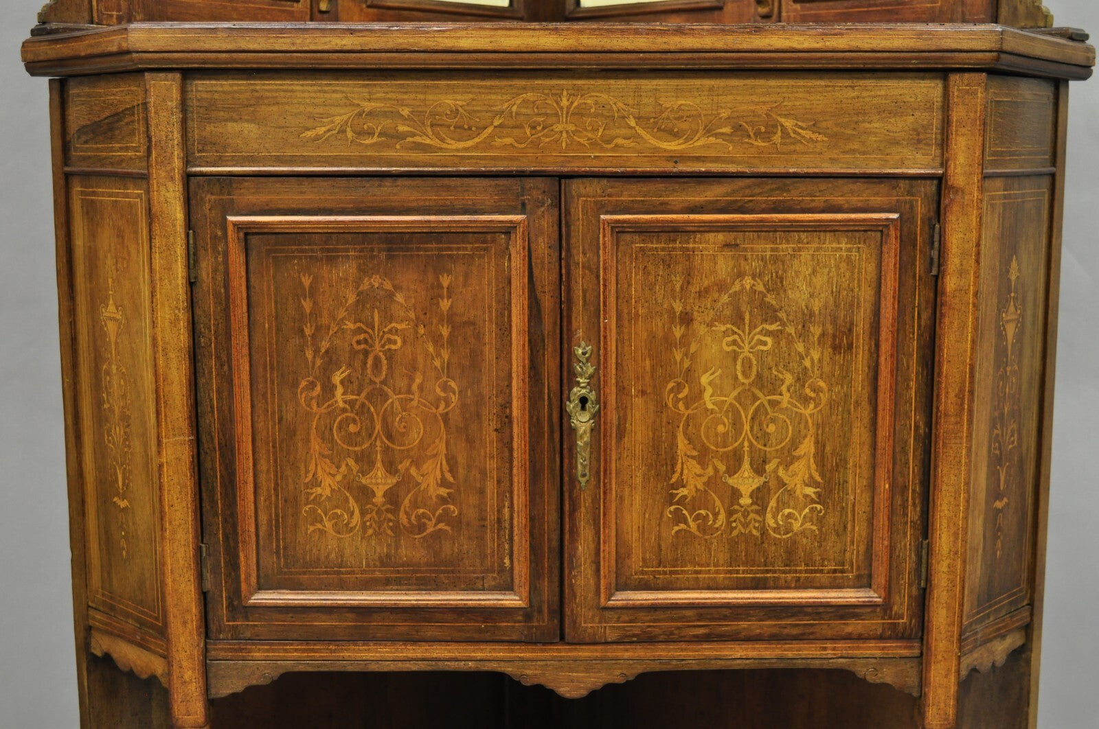 Antique French Victorian Inlaid Mahogany Corner China Cabinet Display Curio