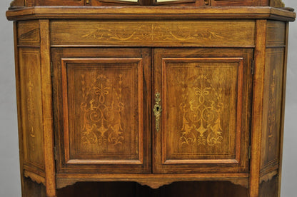 Antique French Victorian Inlaid Mahogany Corner China Cabinet Display Curio