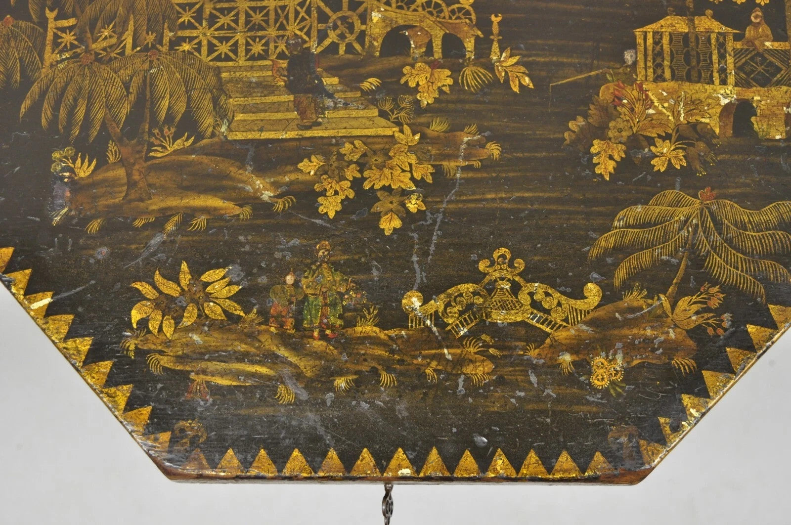 Antique Chinoiserie Hand Painted Pedestal Base Oriental Sewing Stand Side Table