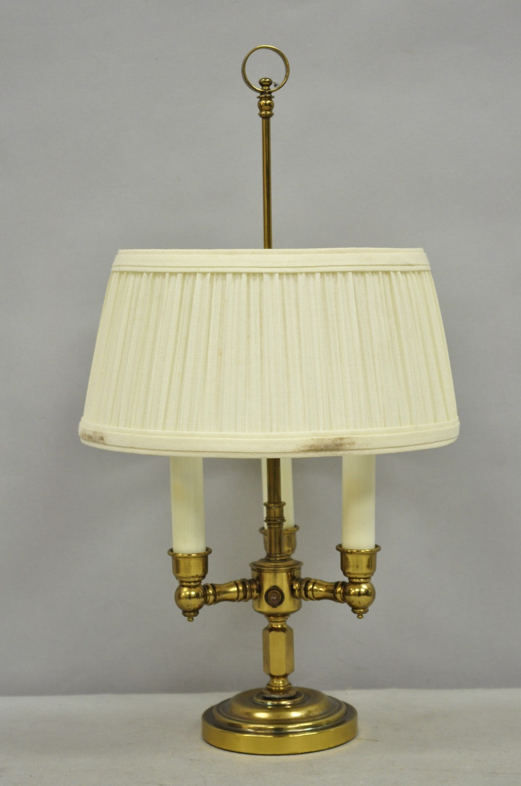 Vintage French Country Style Small Brass Candelabra Bouillotte Desk Lamp w Shade