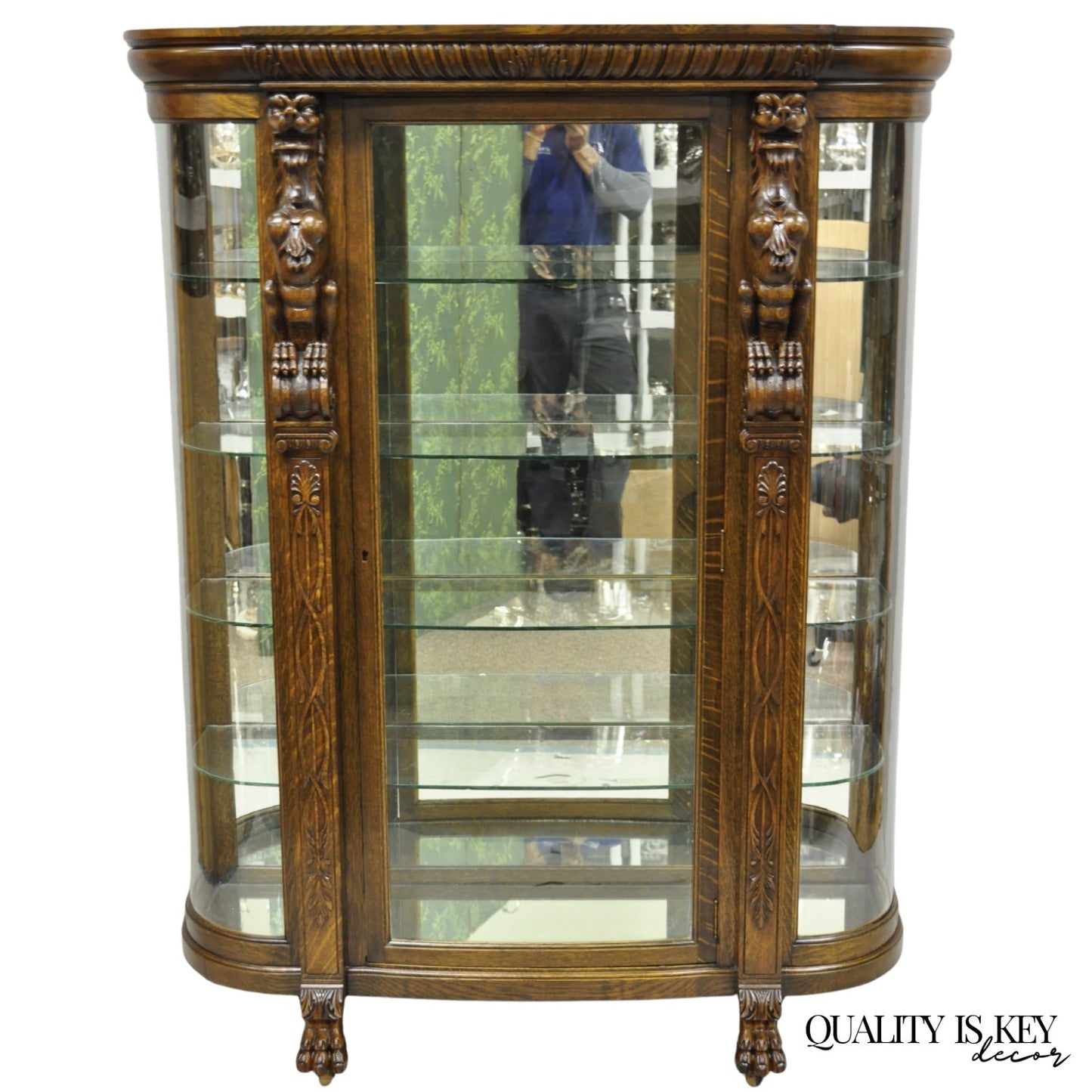 Antique American Empire Tiger Oak Curved Glass China Cabinet w/ Carved Griffins