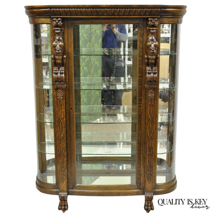 Antique American Empire Tiger Oak Curved Glass China Cabinet w/ Carved Griffins