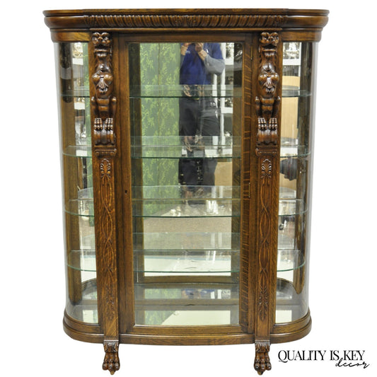 Antique American Empire Tiger Oak Curved Glass China Cabinet w/ Carved Griffins