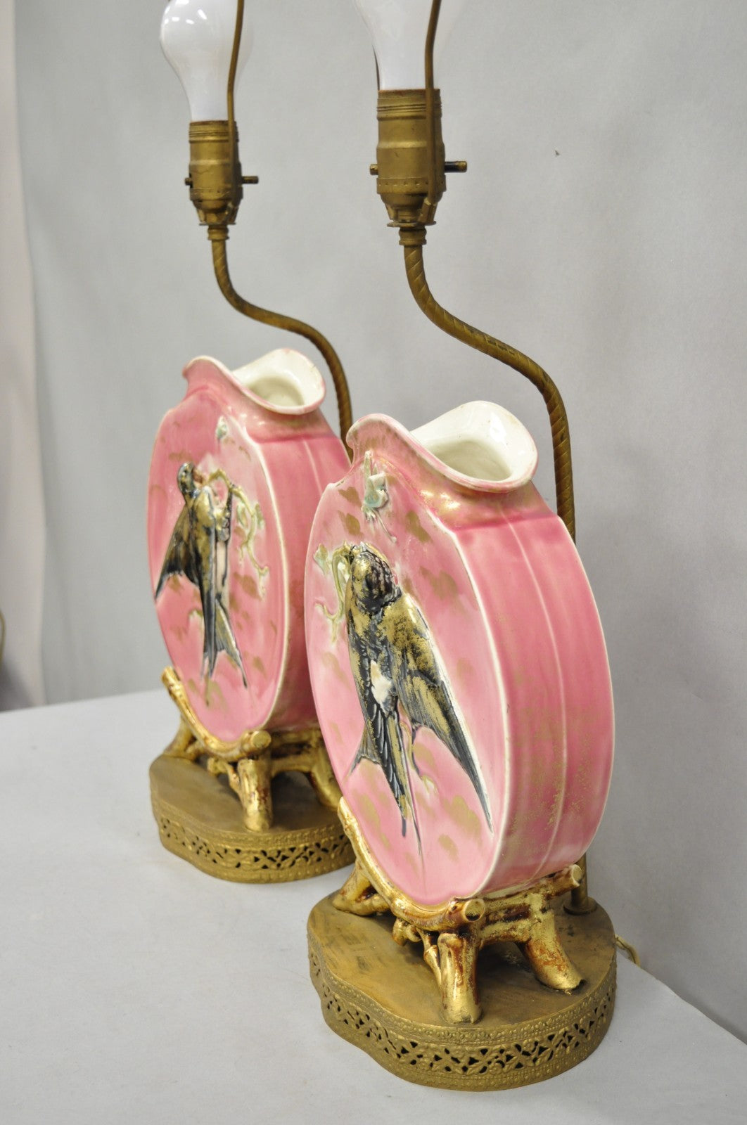 Antique Chinoiserie Pink Porcelain Round Vase Table Lamps w/ Birds - a Pair
