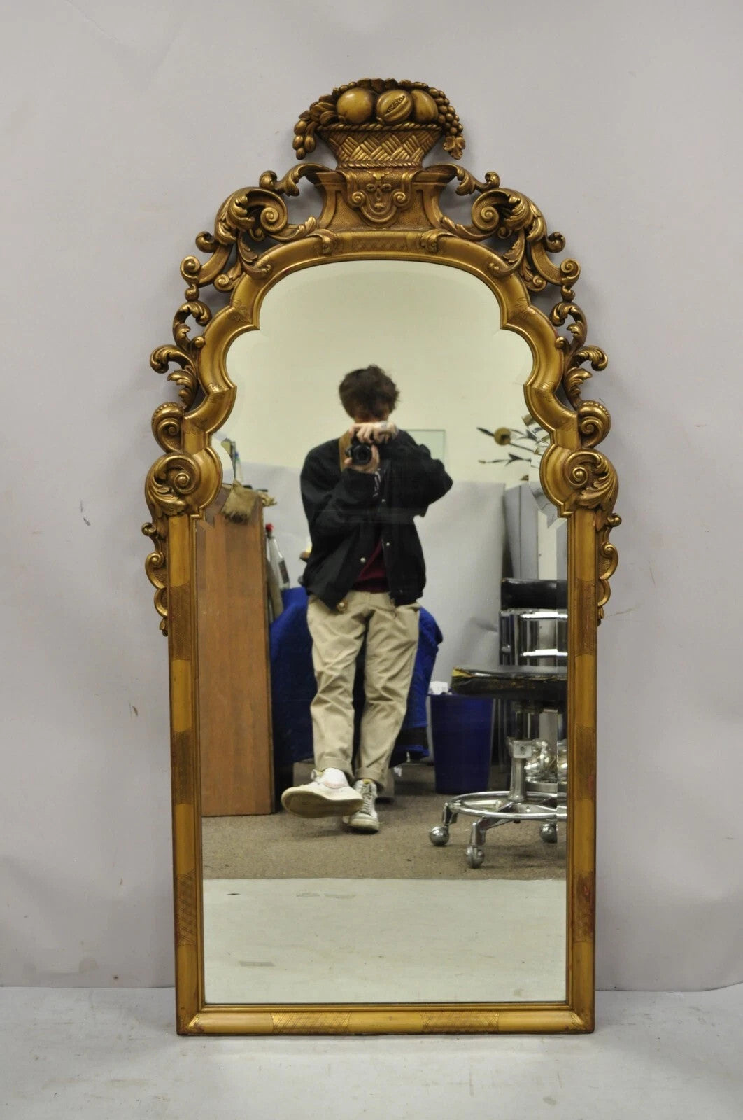 Antique French Rococo Gold Giltwood 65" Harvest Carved Fruit Basket Wall Mirror