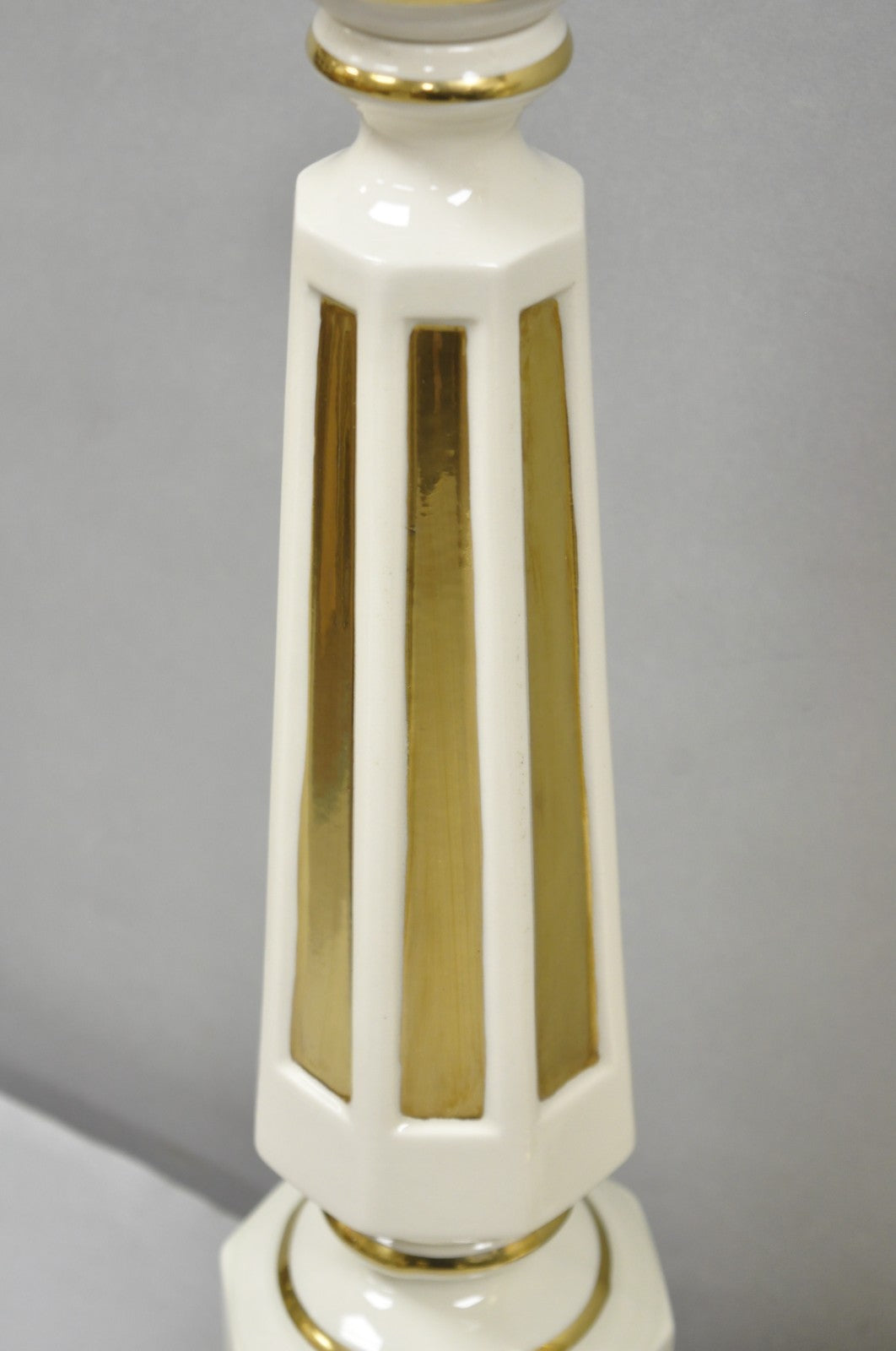Vintage Italian Hollywood Regency Cream & Gold Porcelain Column Table Lamp, Pair