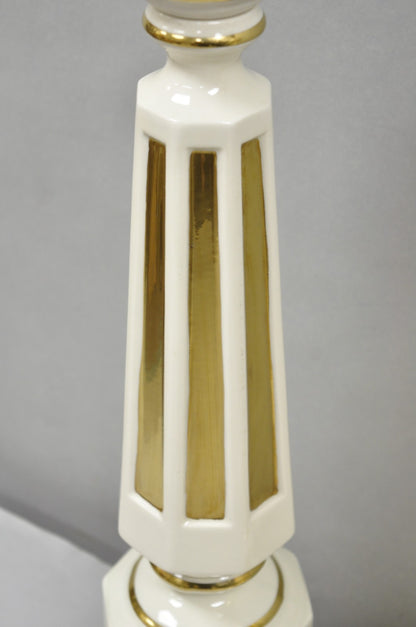 Vintage Italian Hollywood Regency Cream & Gold Porcelain Column Table Lamp, Pair