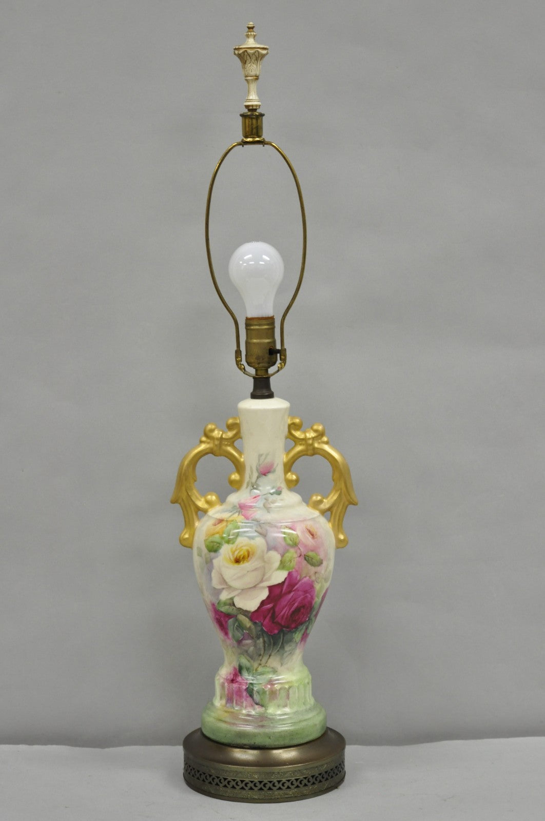 Antique Victorian French Porcelain Hand Painted Flower Vase Form Table Lamp