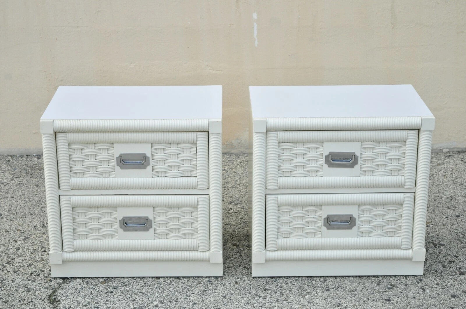 Vintage Hollywood Regency White Rattan Campaign Style Nightstands by Dixie Pair