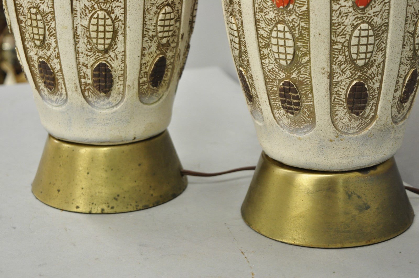 Vintage Mid Century Modern Ceramic Pottery Sculpted Teak Wood Table Lamps - Pair