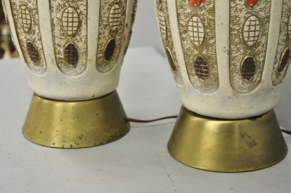 Vintage Mid Century Modern Ceramic Pottery Sculpted Teak Wood Table Lamps - Pair