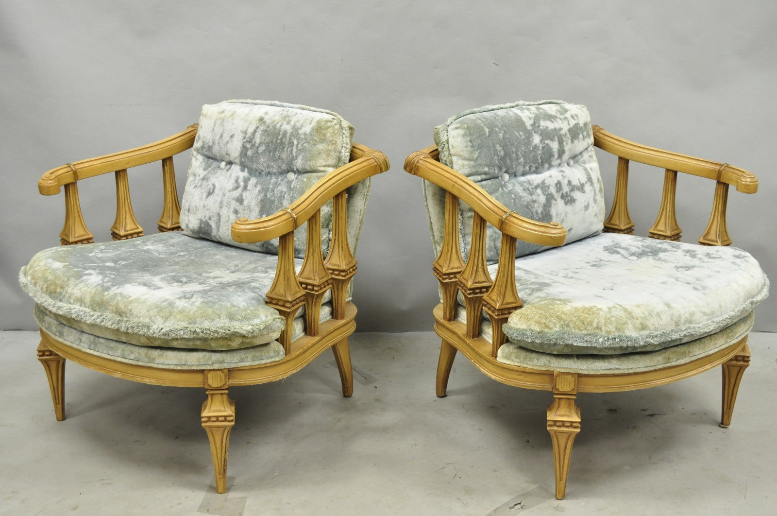 Vintage Hollywood Regency Low Barrel Back Cream Painted Club Lounge Chairs, Pair