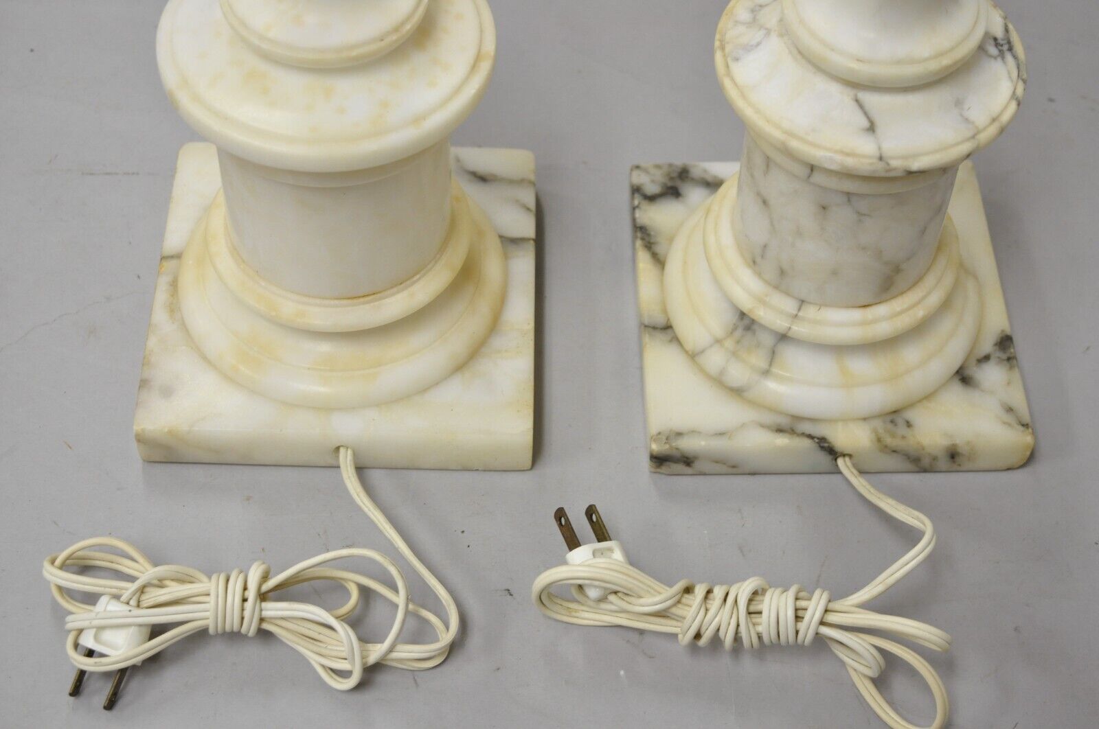 Vintage Italian Classical Carved White Marble Column Table Lamps - a Pair