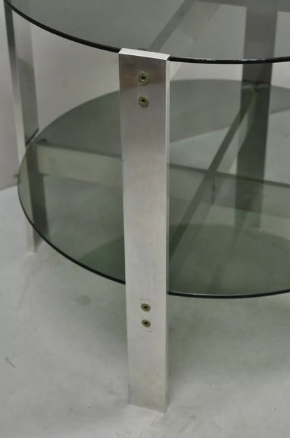 Vintage Mid Century Modern Round Smoked Glass 2 Tier Aluminum Base Side Table