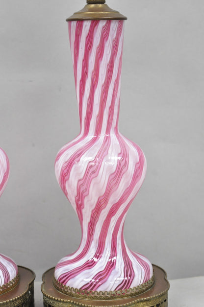 Vintage Italian Latticino Murano Pink Ribbon Swirl Glass Small Table Lamp - Pair