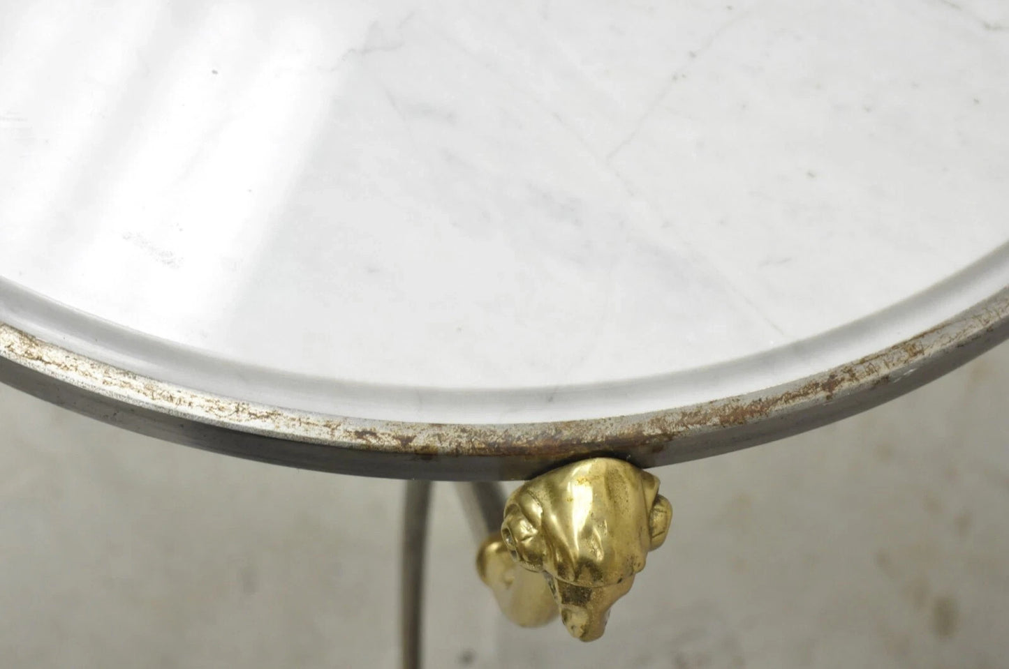 Italian Neoclassical Brass Rams Head Round Marble Steel Gueridon Side Table
