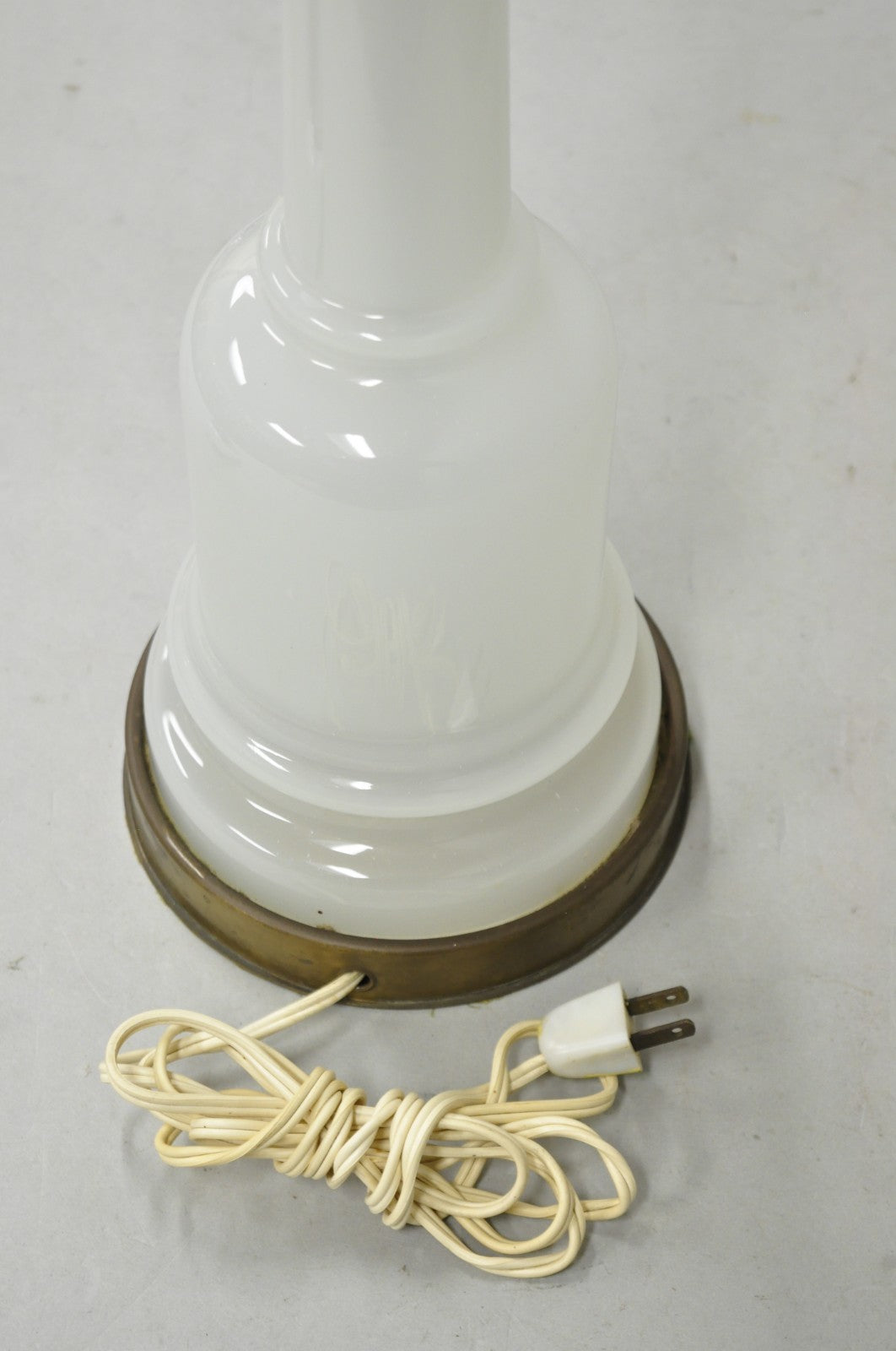 Vintage French Neoclassical White Opaline Glass Column Brass Mounted Table Lamp
