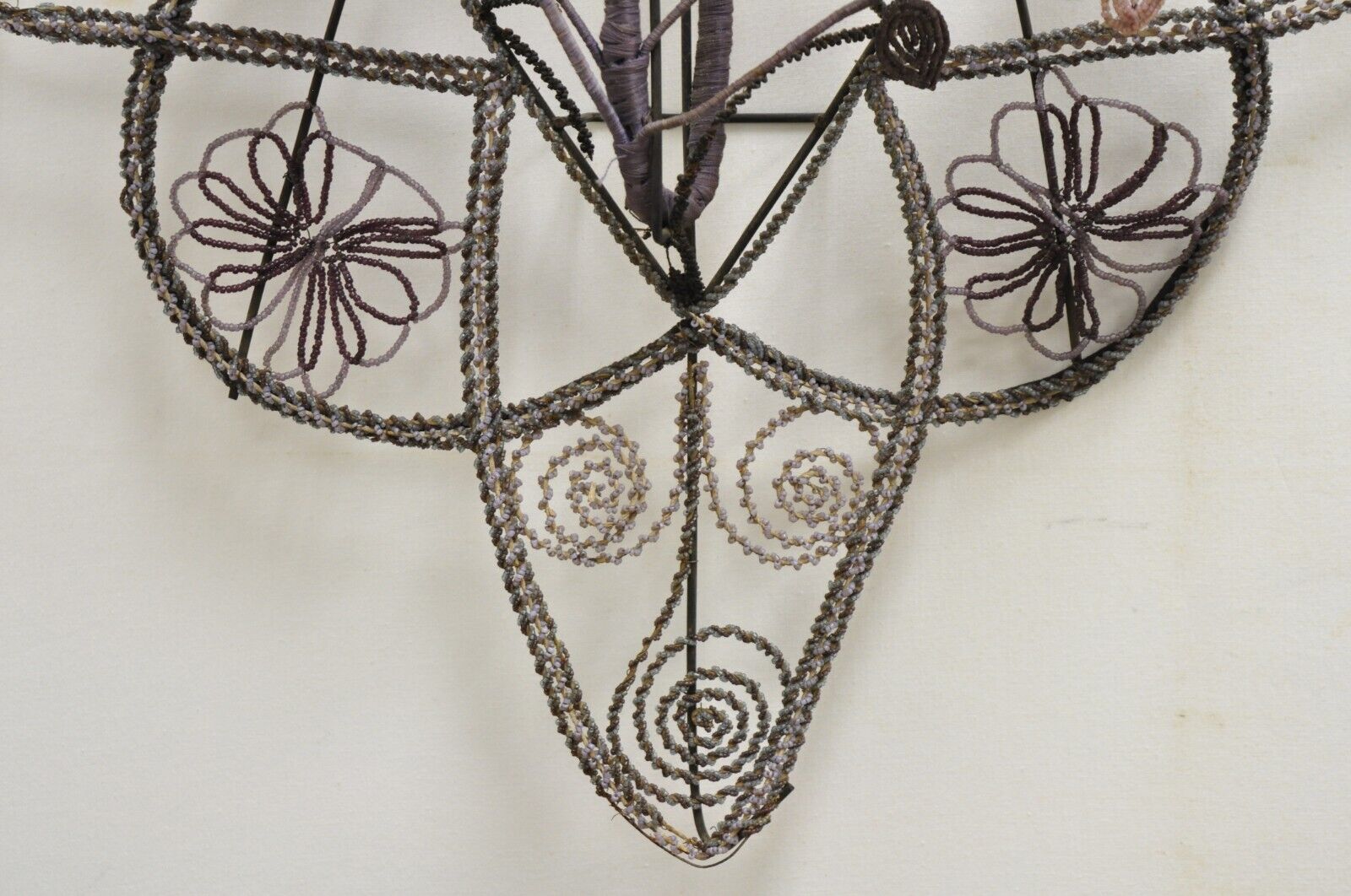 Antique French Victorian Purple Glass Beaded Memorial Wreath Wall Sculpture