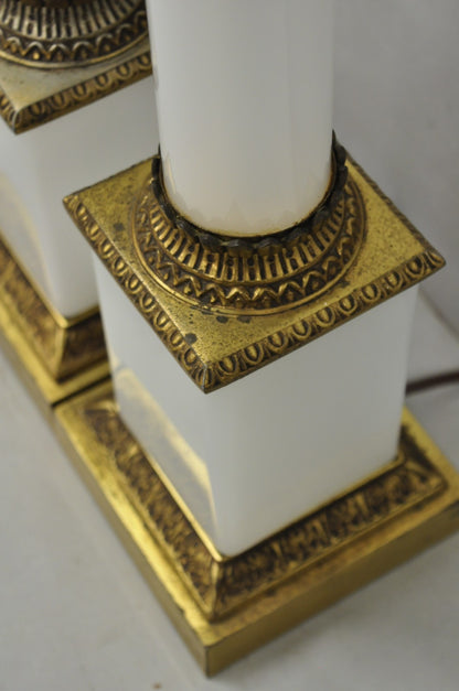 Vintage French Empire Neoclassical White Milk Glass Column Table Lamps - a Pair