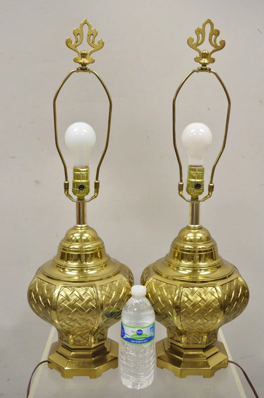 Vintage Hollywood Regency Brass Woven Basket Basketweave Table Lamps - a Pair