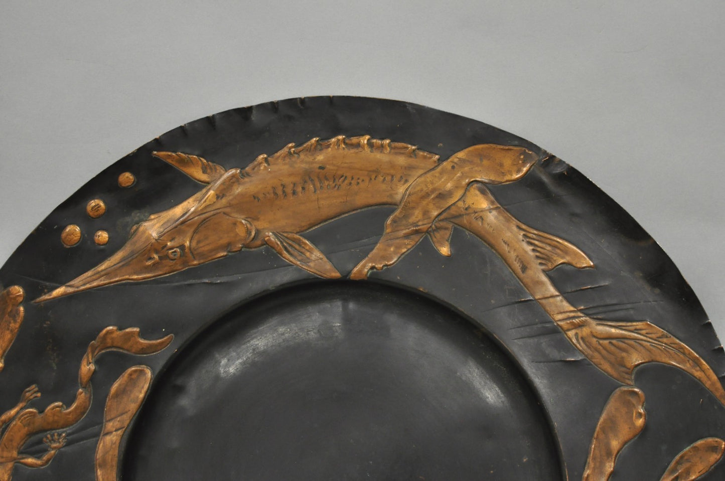 Antique Jugendstil Figural Copper Platter Charger of Fish by Steinicken & Lohr