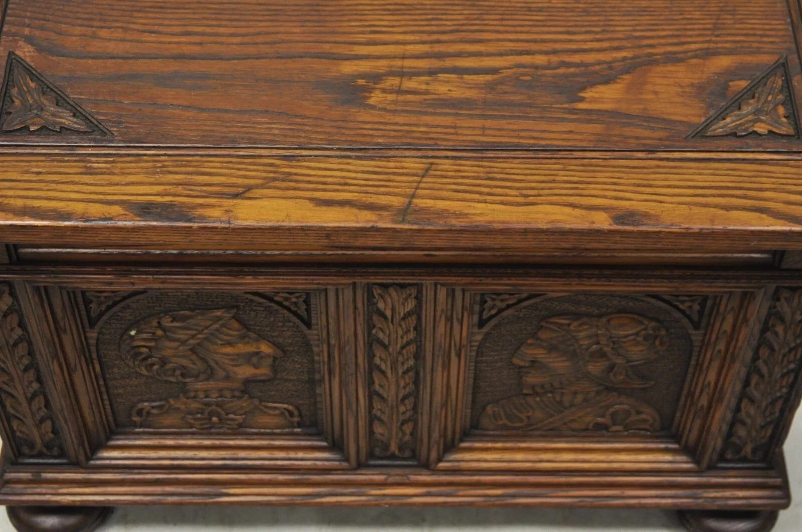 Antique Jacobean Oak Wood Figural Bust Carved Blanket Chest Trunk on Bun Feet