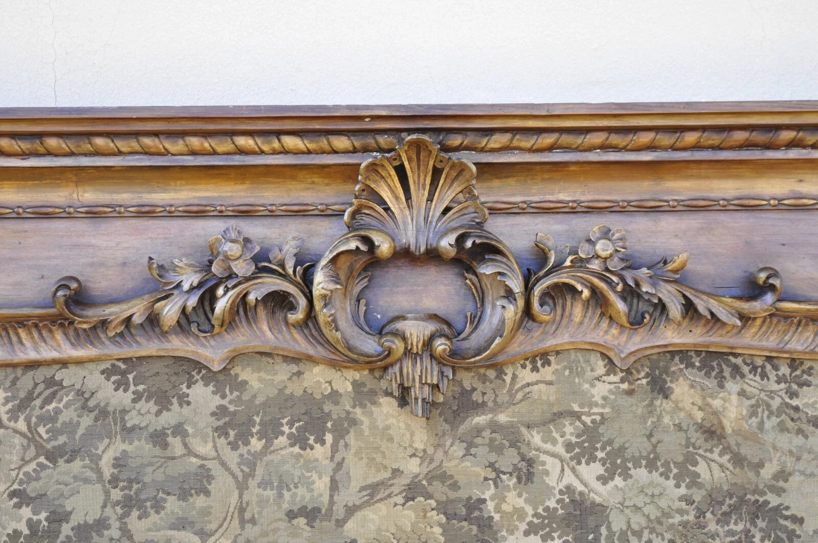 Antique French Tapestry Louis XV Rococo Carved Wood Overmantle Trumeau Mirror