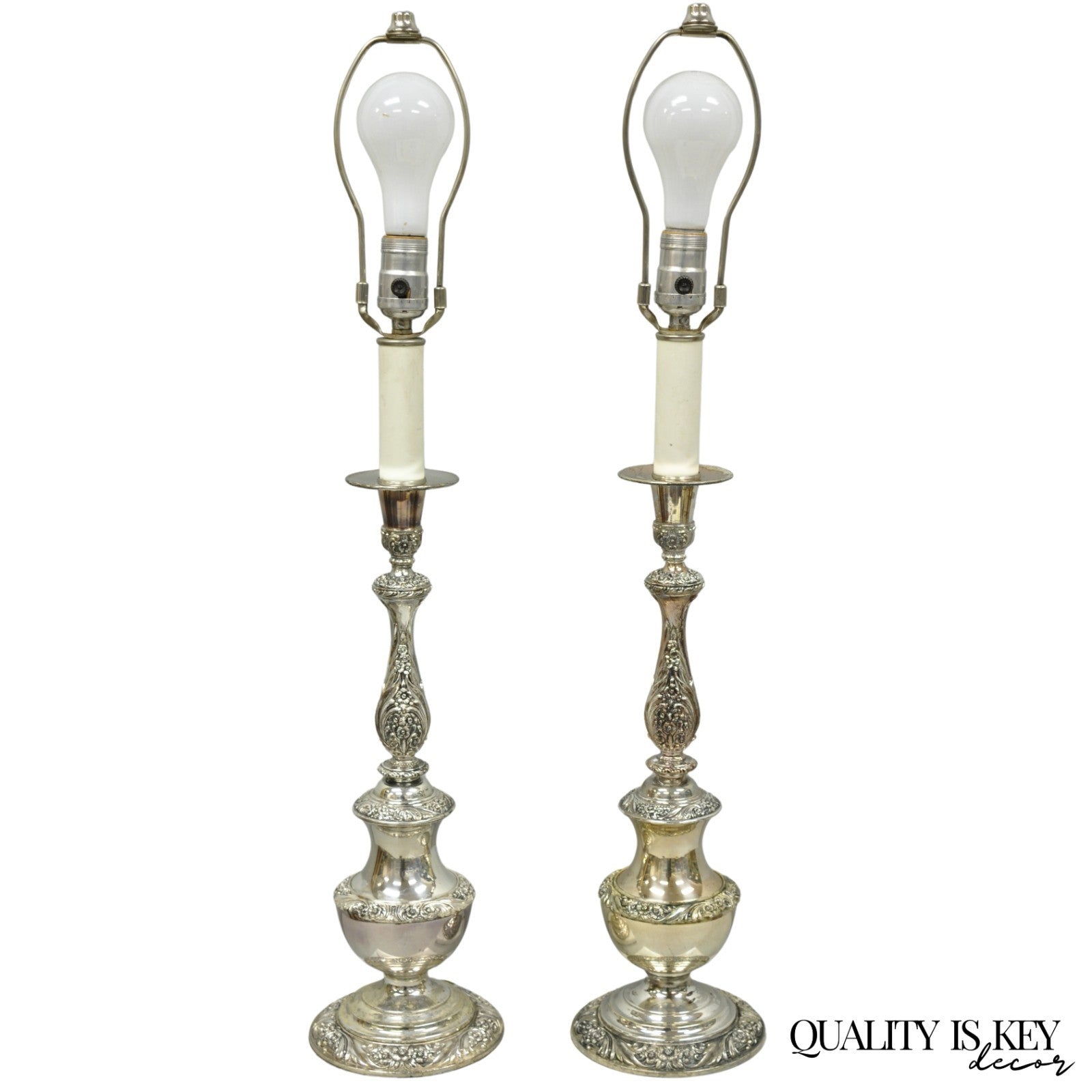 International Victorian Silver Plate Floral Repousse Candlestick Table Lamp Pair