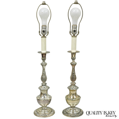 International Victorian Silver Plate Floral Repousse Candlestick Table Lamp Pair