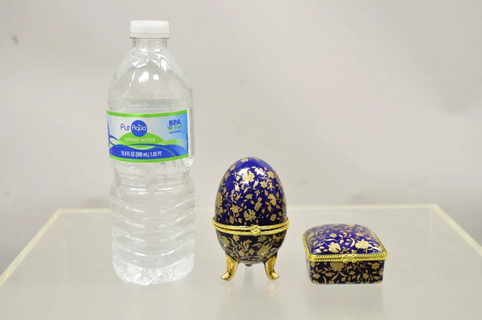 Vintage Cobalt Blue Porcelain Egg Gold Gilt Hinged Lid Candle Trinket Box - 2 Pc