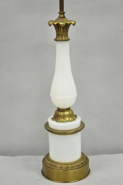 Vintage French Neoclassical Style White Opaline Glass Column Brass Table Lamp