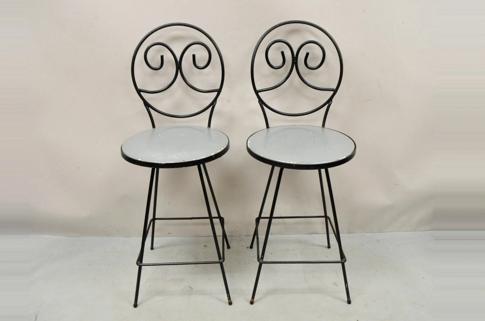 Mid Century Modern Arthur Umanoff Wrought Iron Swivel Counter Bar Stool Pair