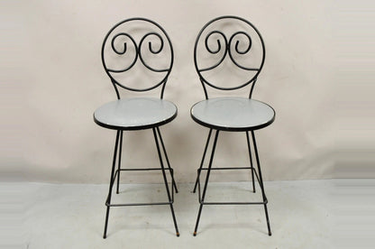 Mid Century Modern Arthur Umanoff Wrought Iron Swivel Counter Bar Stool Pair